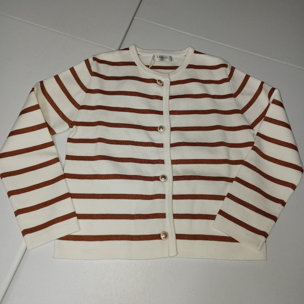 Cream and Brown Striped Cardigan Sweater